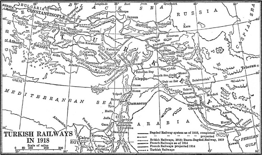 Landkarte mit eingetragenem Verlauf der Bagdadbahn