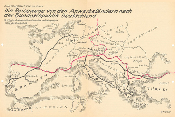 Karte der Reisewege von den Anwerbeländern nach der BRD (1965)