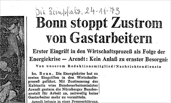 Zeitungsausschnitt »Bonn stoppt Zustrom von Gastarbeitern« (1973)
