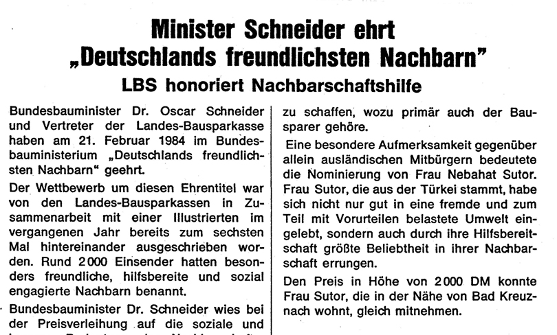 Zeitungsausschnitt »Minister Schneider ehrt Deutschlands freundlichsten Nachbarn«